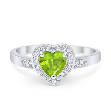 Halo Heart Promise Ring Round Simulated Peridot CZ 925 Sterling Silver